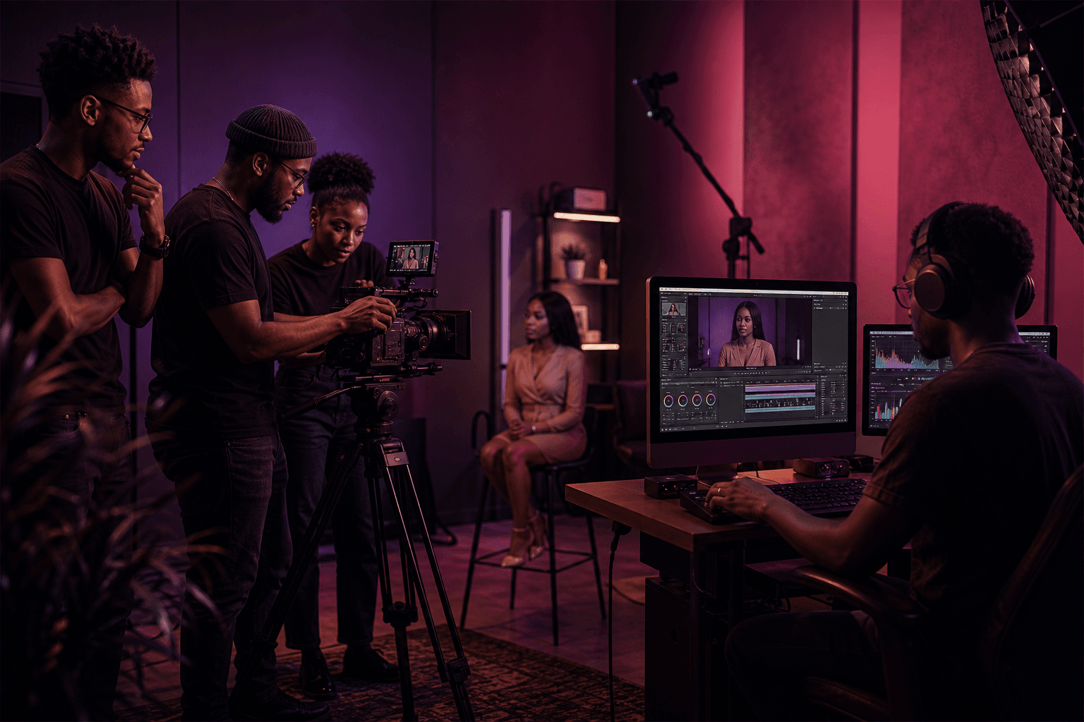 Creative media studio with camera, editing displays and digital audience insights